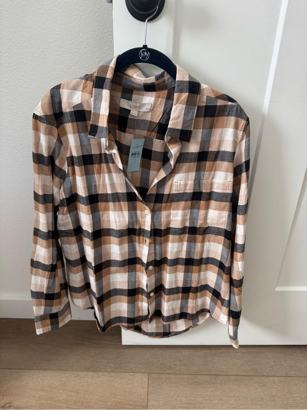 LOFT Neutral Plaid Button-Up Shirt in Beige, Black & White